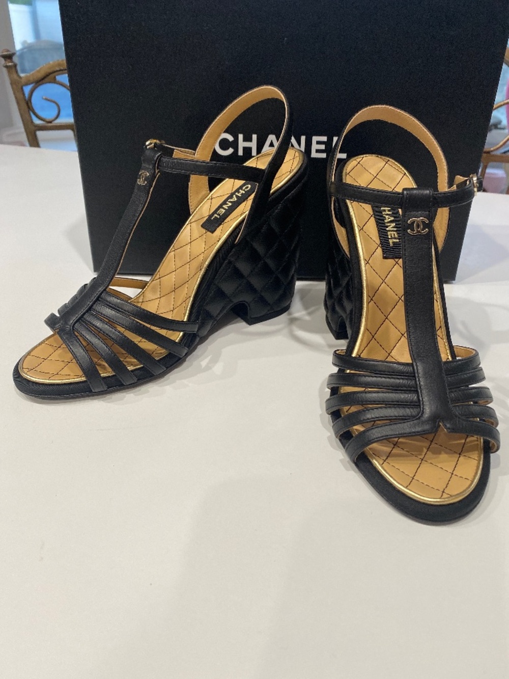 New Chanel black cage wedge sandals heels size 8 1/2